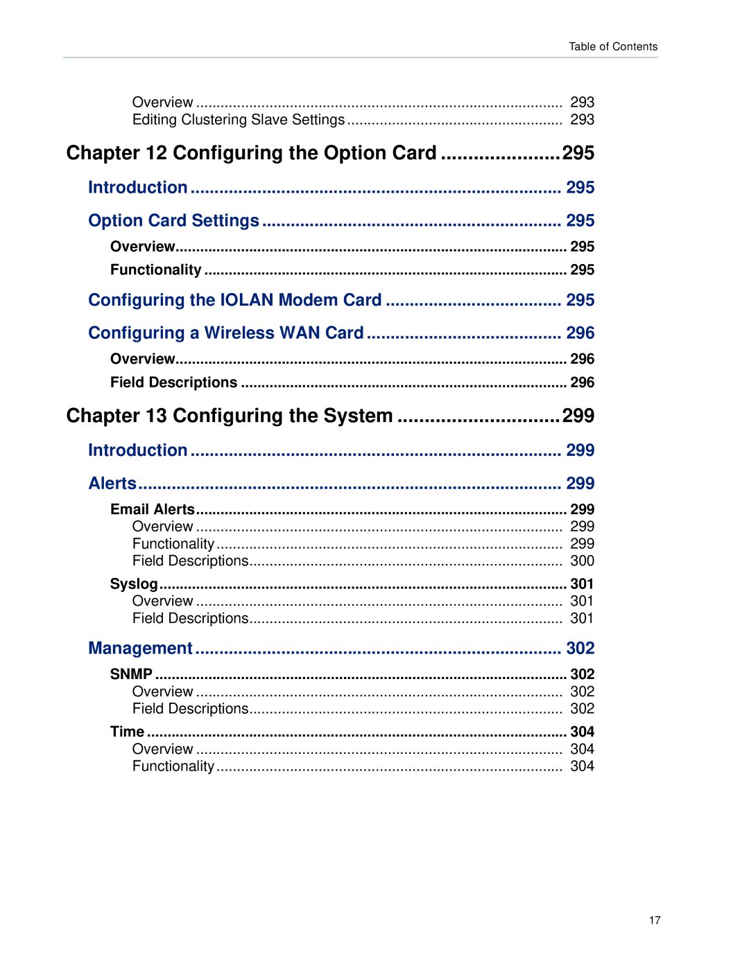 Perle Systems 5500161-40 manual Introduction 295 Option Card Settings, 296, Introduction 299 Alerts, Management 302 