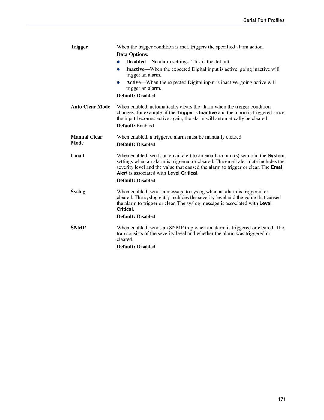 Perle Systems 5500161-40 manual Auto Clear Mode, Manual Clear, Mode Default Disabled, Syslog 