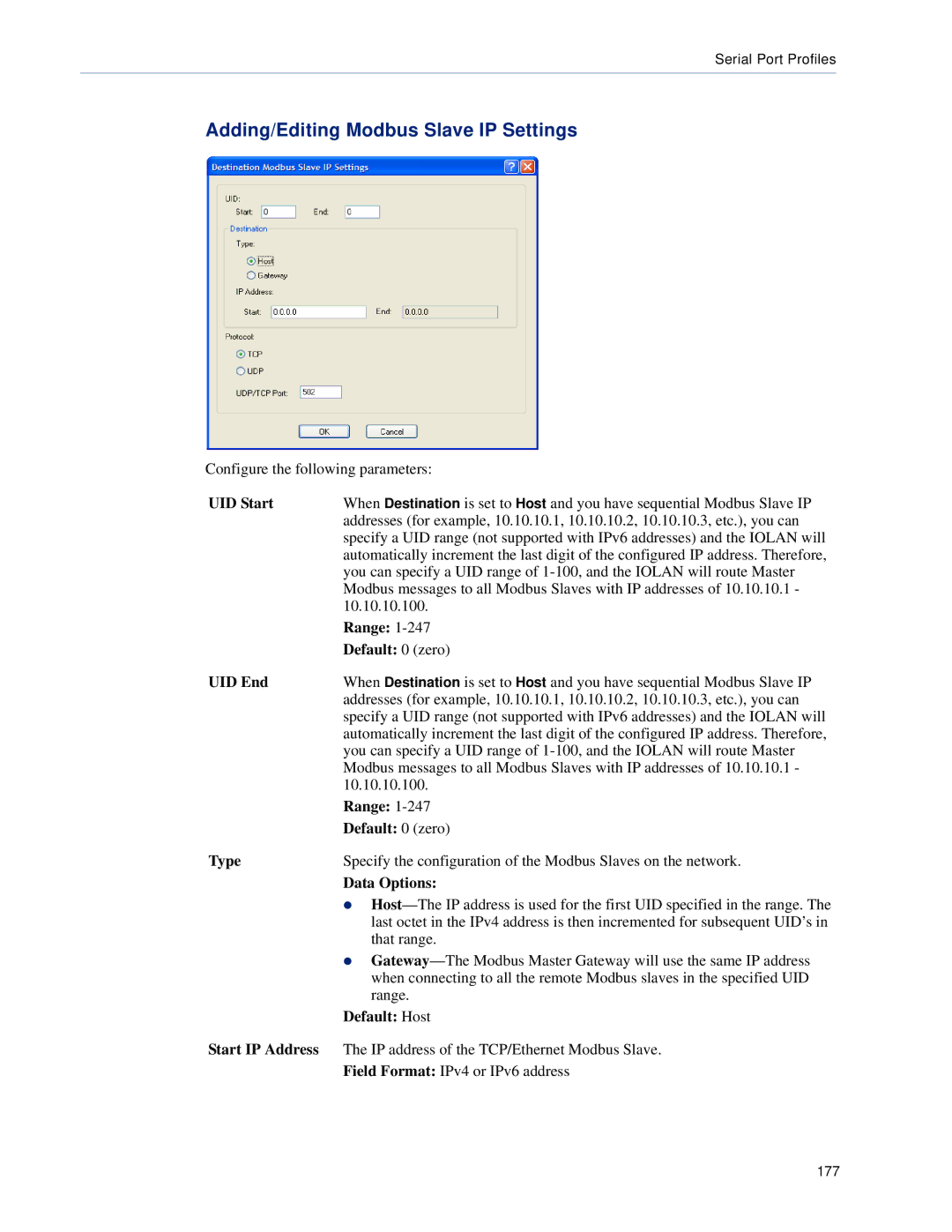 Perle Systems 5500161-40 manual Adding/Editing Modbus Slave IP Settings, UID Start, UID End, Default Host 