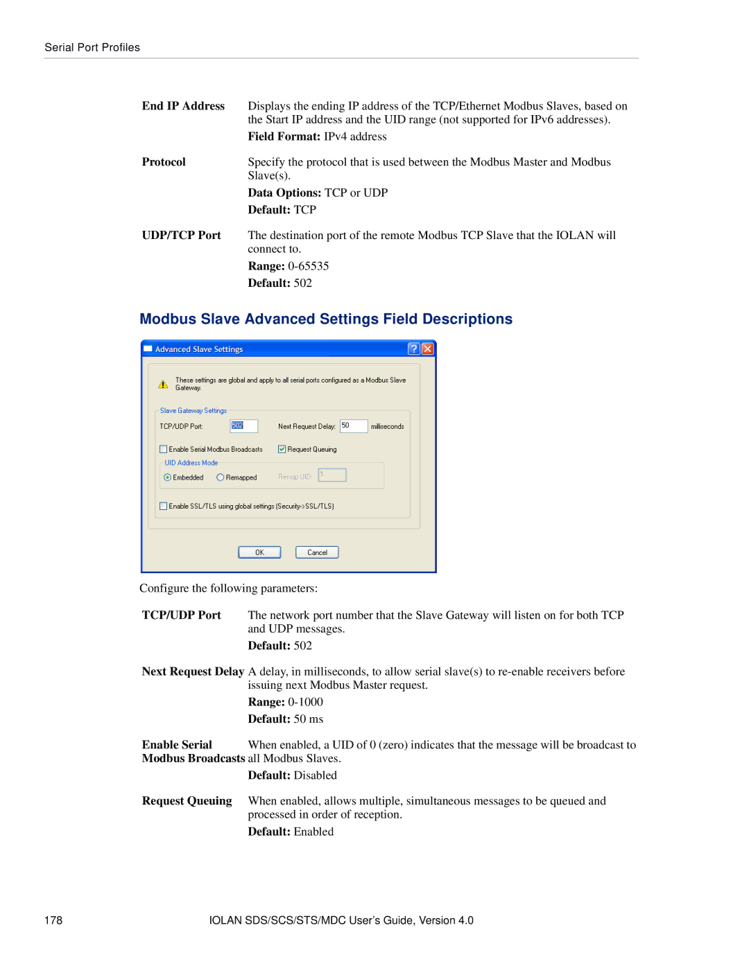 Perle Systems 5500161-40 manual Modbus Slave Advanced Settings Field Descriptions, Data Options TCP or UDP, Default TCP 