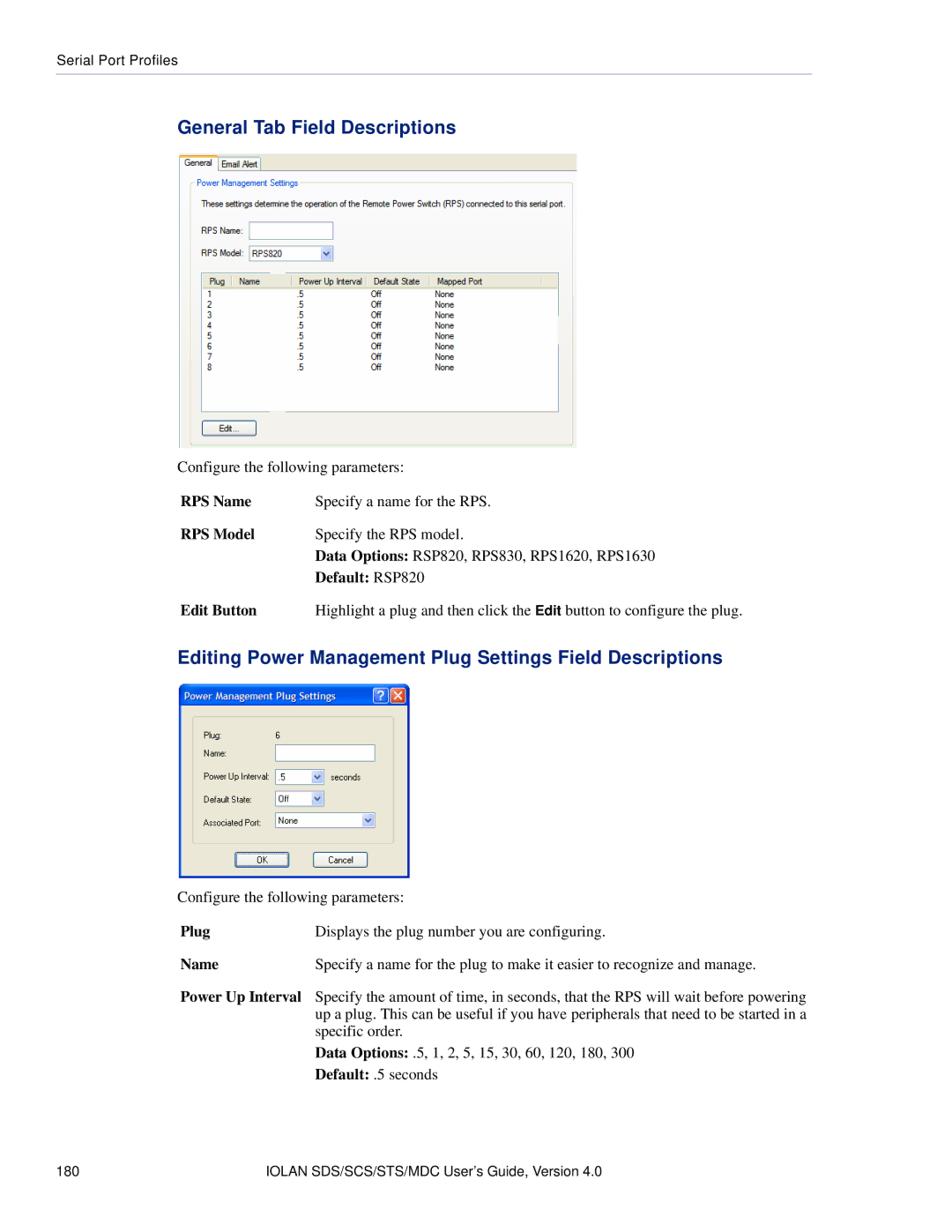 Perle Systems 5500161-40 Editing Power Management Plug Settings Field Descriptions, RPS Name, RPS Model, Default RSP820 