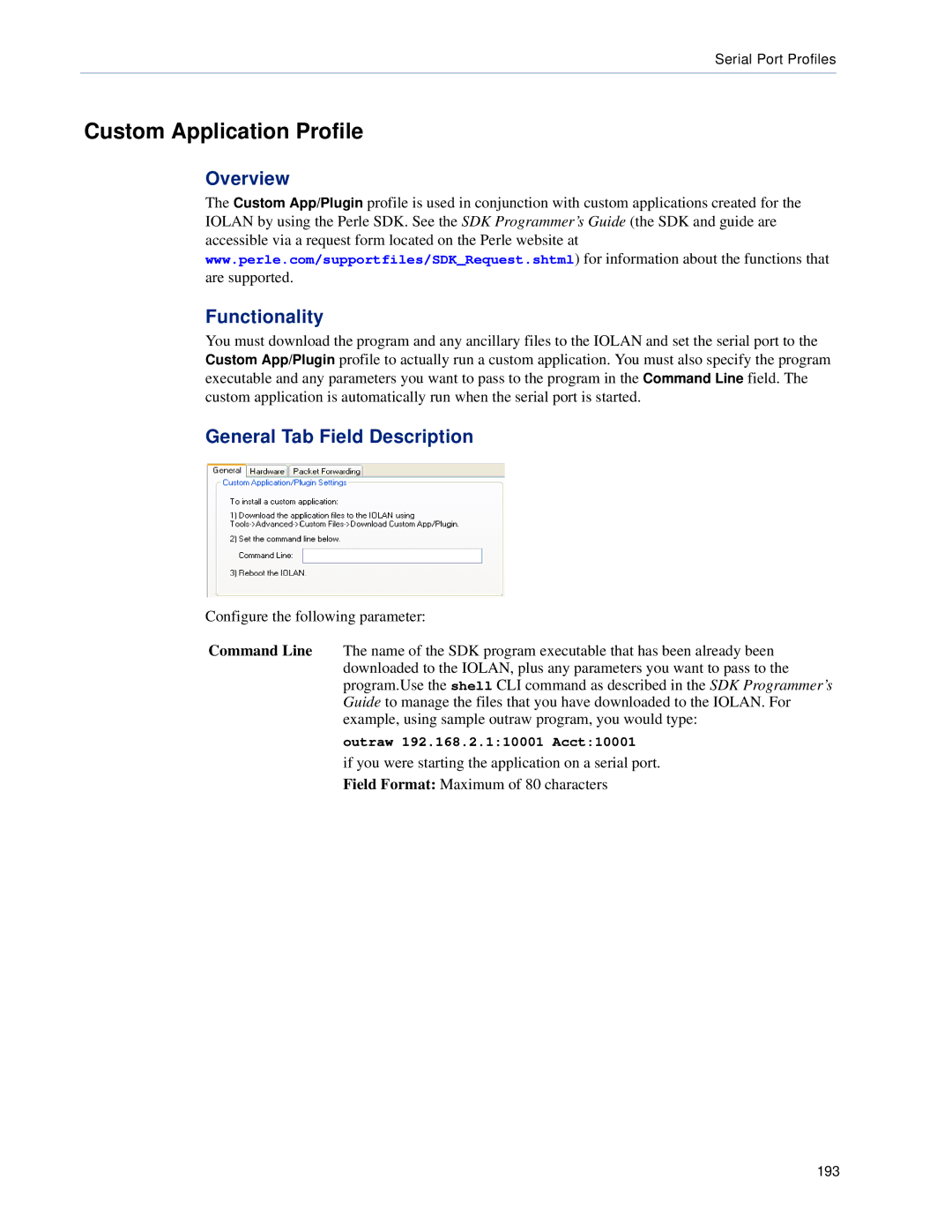 Perle Systems 5500161-40 manual Custom Application Profile, General Tab Field Description 