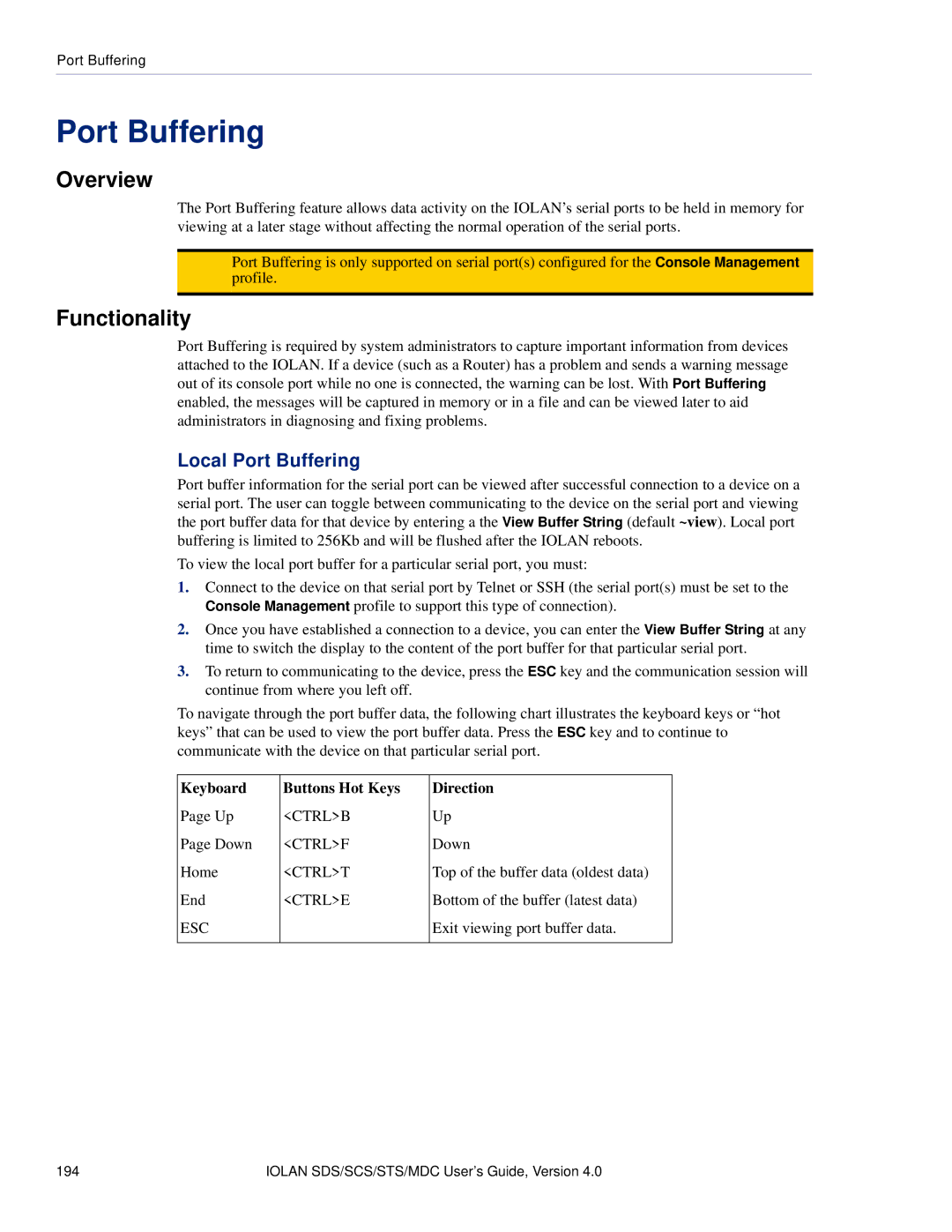 Perle Systems 5500161-40 manual Local Port Buffering, Keyboard Buttons Hot Keys Direction 