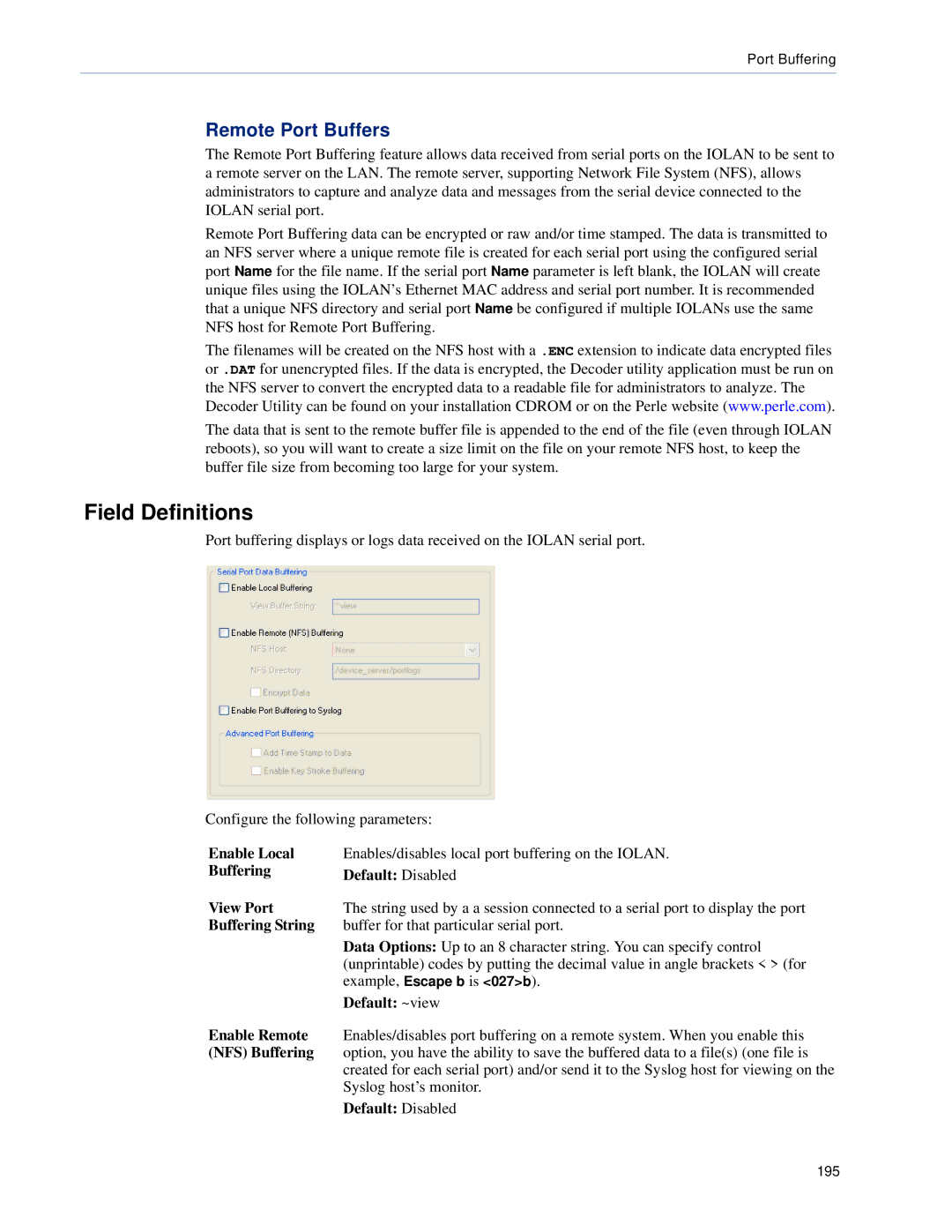 Perle Systems 5500161-40 manual Field Definitions, Remote Port Buffers 