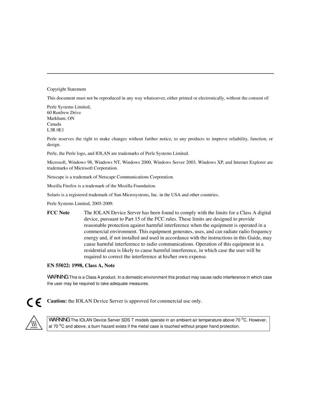 Perle Systems 5500161-40 manual EN 55022 1998, Class A, Note 