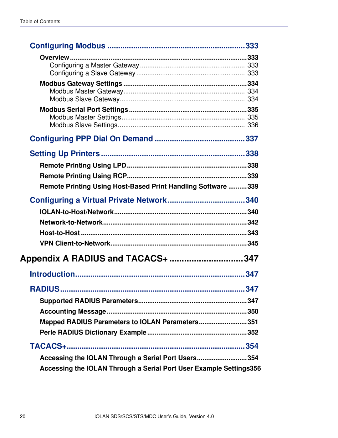 Perle Systems 5500161-40 manual Configuring Modbus 333, Configuring PPP Dial On Demand 337 Setting Up Printers 338, 354 