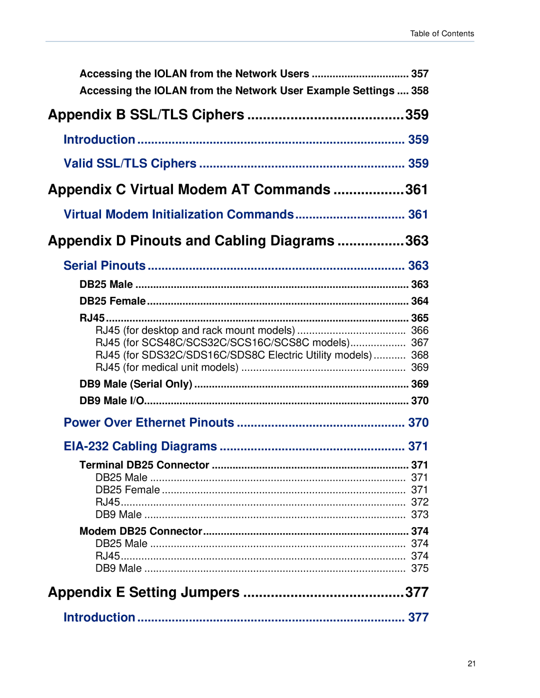 Perle Systems 5500161-40 manual Introduction 359 Valid SSL/TLS Ciphers, 361, Serial Pinouts 363, 370, Introduction 377 