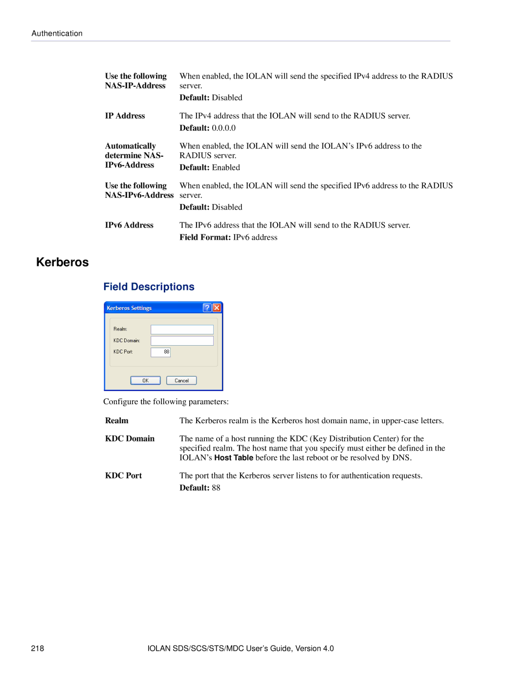 Perle Systems 5500161-40 manual Kerberos, Realm, KDC Domain, KDC Port 