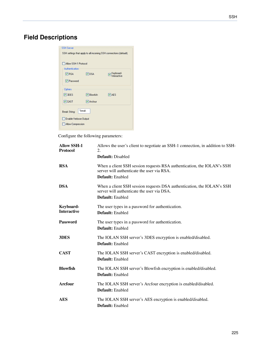 Perle Systems 5500161-40 manual Field Descriptions, Allow SSH-1, Protocol Default Disabled, Keyboard 