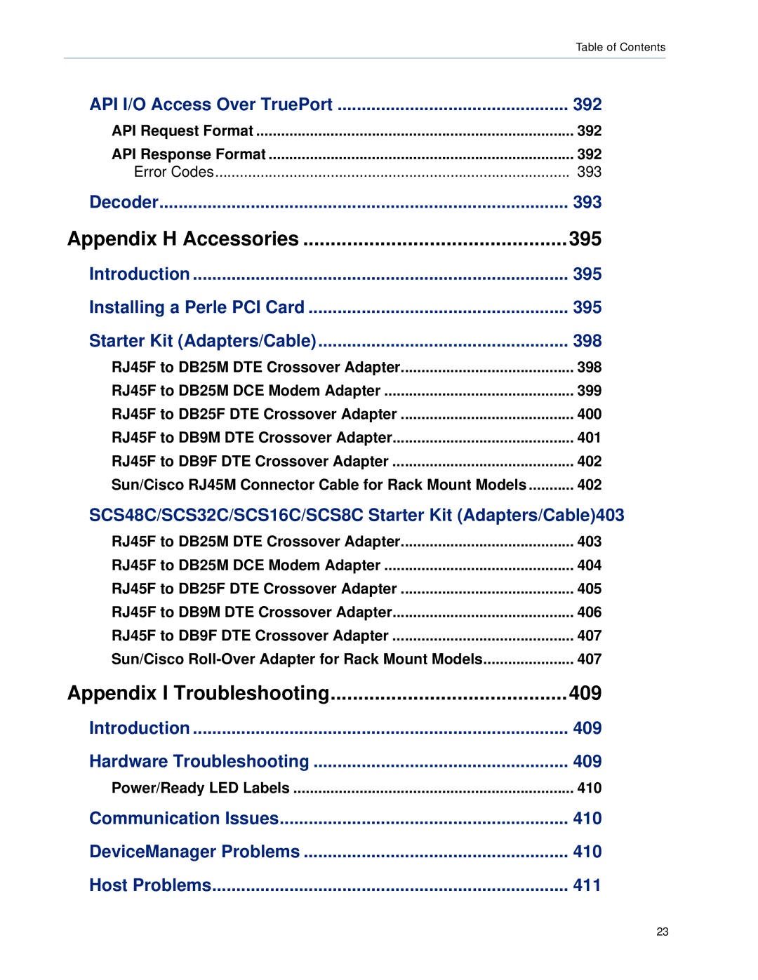 Perle Systems 5500161-40 manual API I/O Access Over TruePort 392, Decoder 393, Introduction 409, Communication Issues 410 