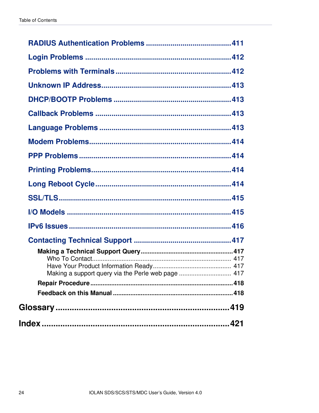 Perle Systems 5500161-40 manual Models 415 IPv6 Issues 416 Contacting Technical Support 417, Index 