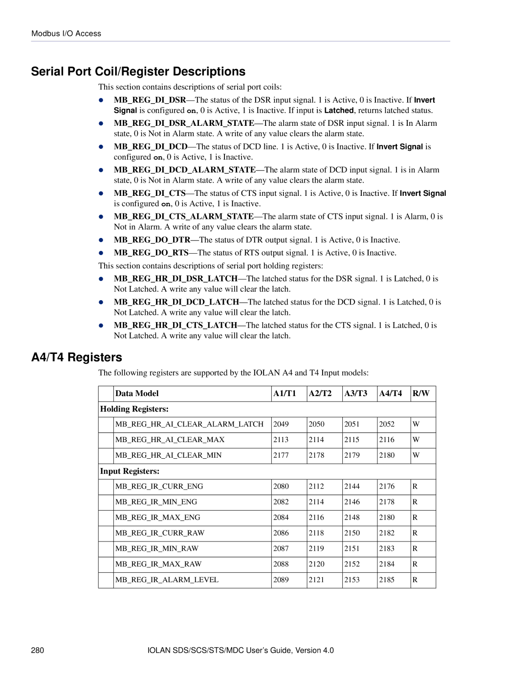 Perle Systems 5500161-40 manual Serial Port Coil/Register Descriptions, A4/T4 Registers, Input Registers 