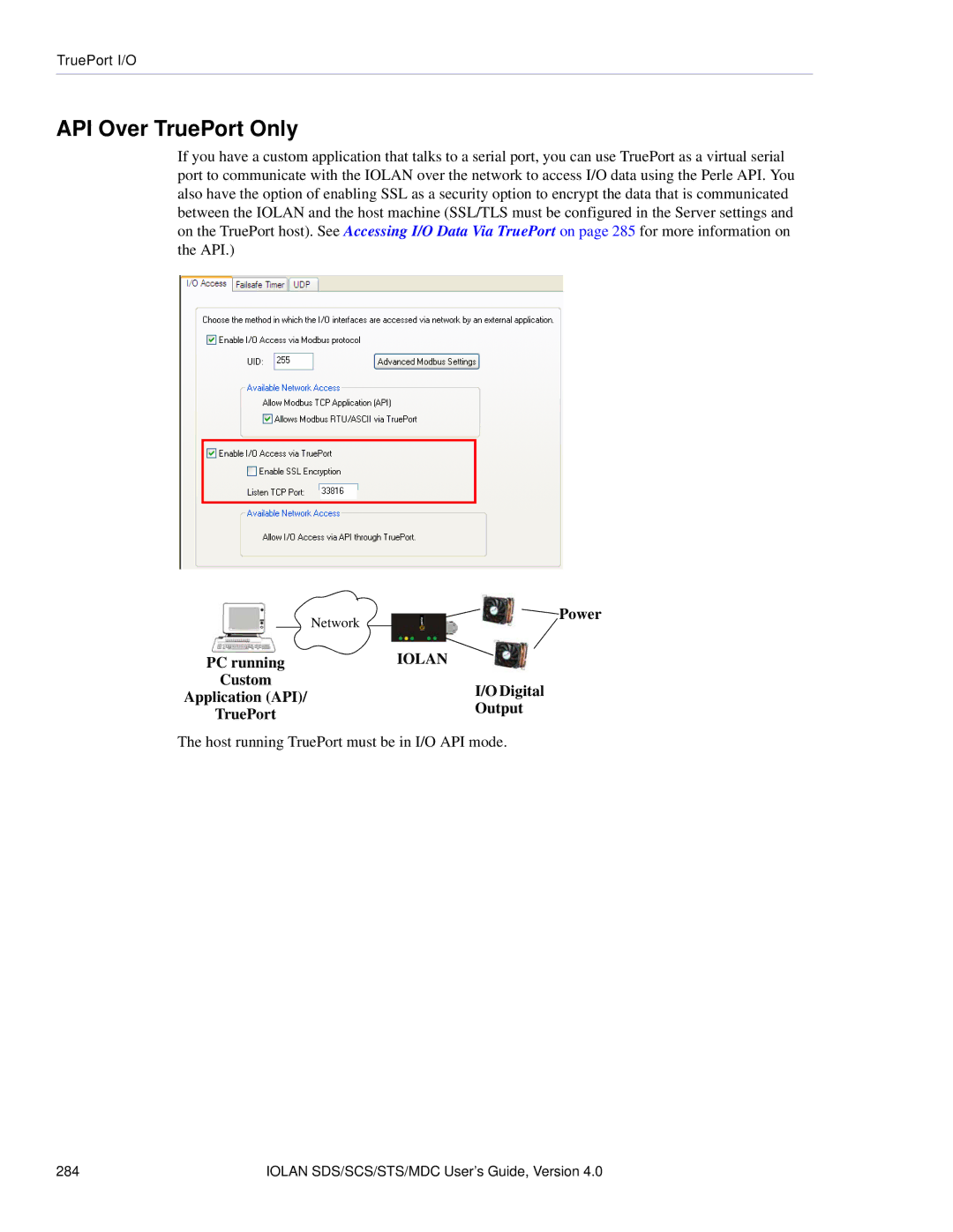 Perle Systems 5500161-40 manual API Over TruePort Only, PC running Custom Application API TruePort 