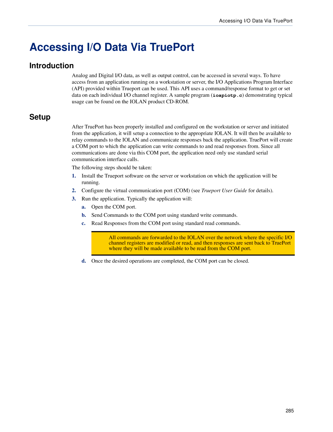 Perle Systems 5500161-40 manual Accessing I/O Data Via TruePort, Introduction, Setup 