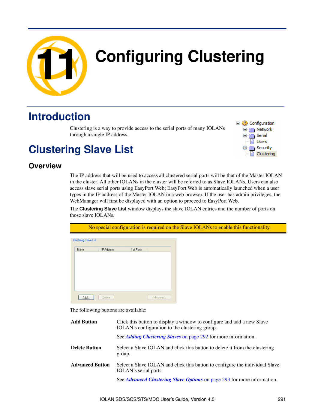 Perle Systems 5500161-40 manual Configuring Clustering Chapter, Clustering Slave List, Advanced Button 