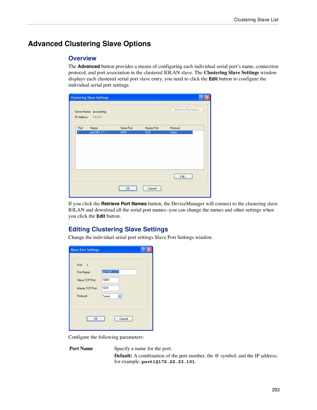 Perle Systems 5500161-40 manual Advanced Clustering Slave Options, Editing Clustering Slave Settings, Port Name 