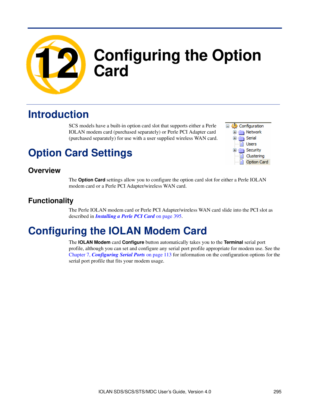 Perle Systems 5500161-40 manual Configuring the Option Card, Option Card Settings, Configuring the Iolan Modem Card 