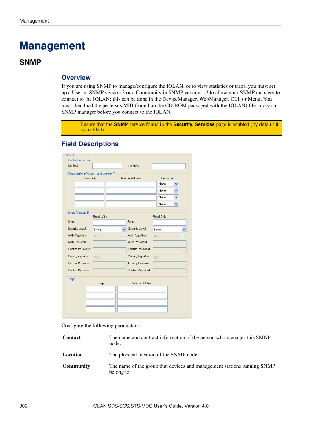 Perle Systems 5500161-40 manual Management, Contact, Location, Community 