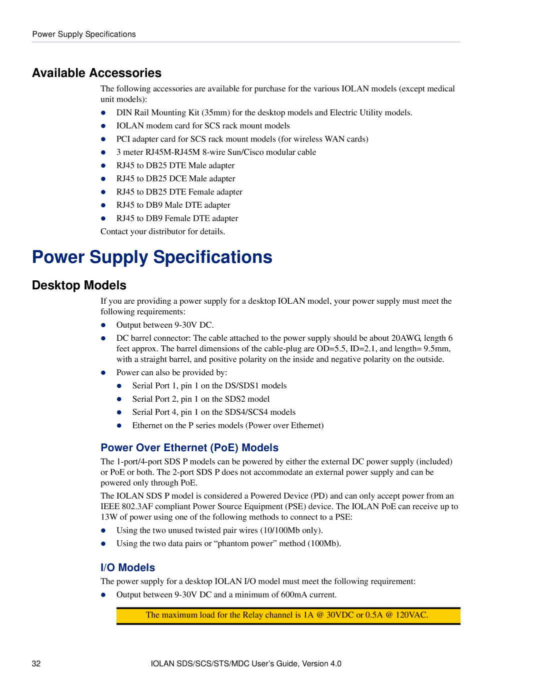 Perle Systems 5500161-40 manual Power Supply Specifications, Available Accessories, Desktop Models 