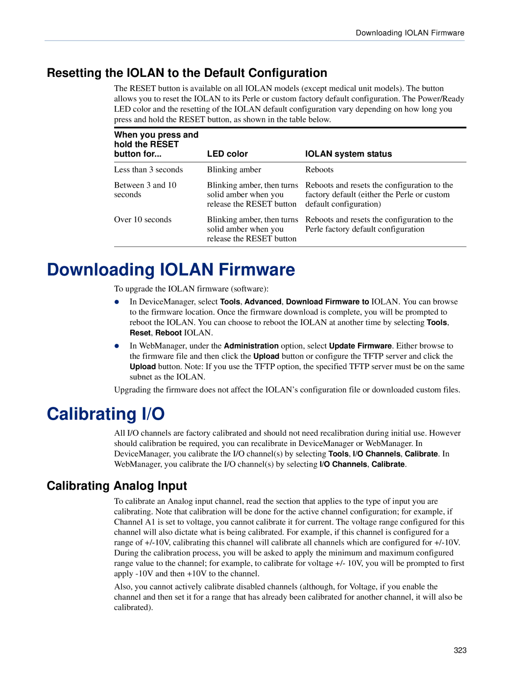 Perle Systems 5500161-40 Downloading Iolan Firmware, Calibrating I/O, Resetting the Iolan to the Default Configuration 