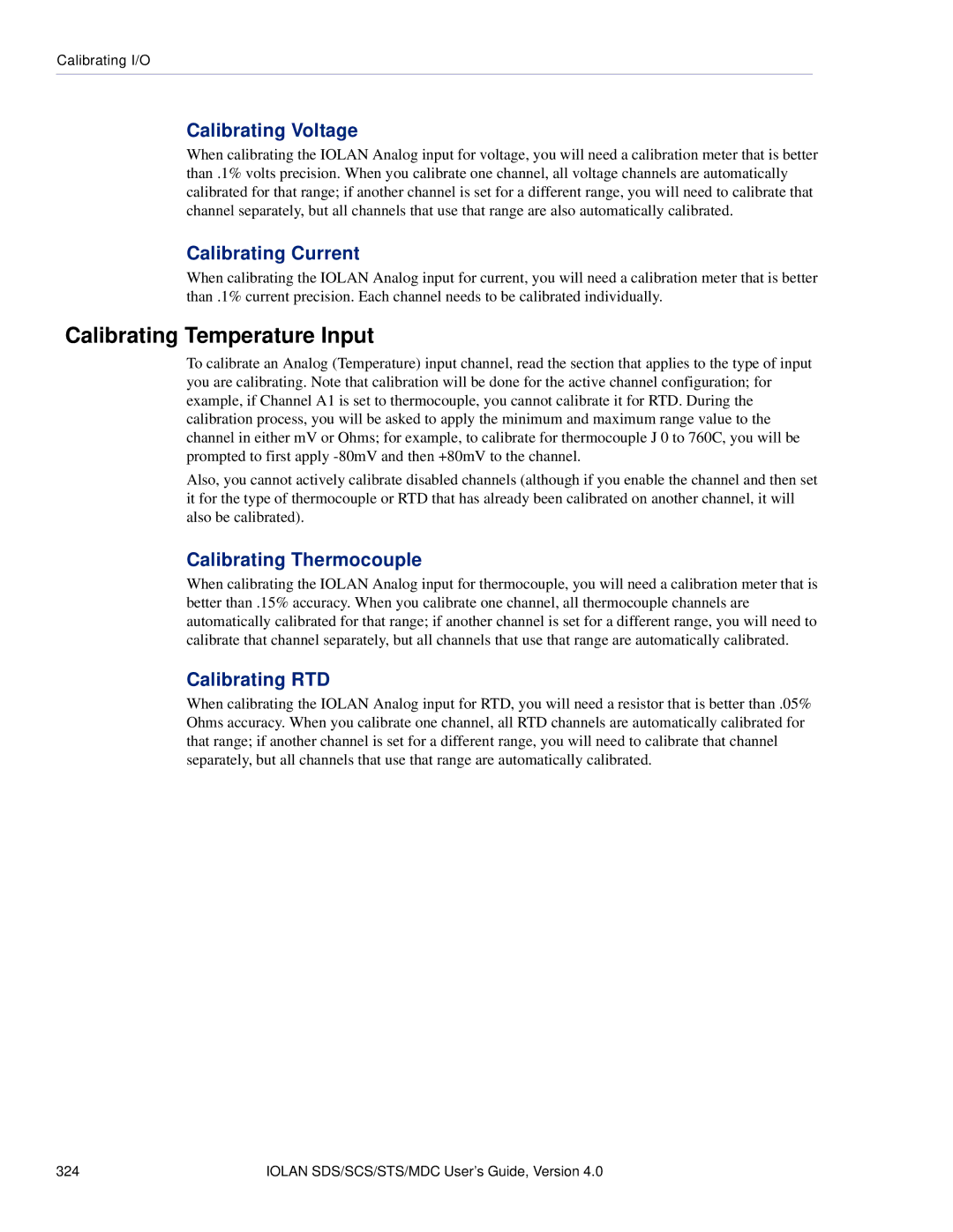 Perle Systems 5500161-40 Calibrating Temperature Input, Calibrating Voltage, Calibrating Current, Calibrating Thermocouple 