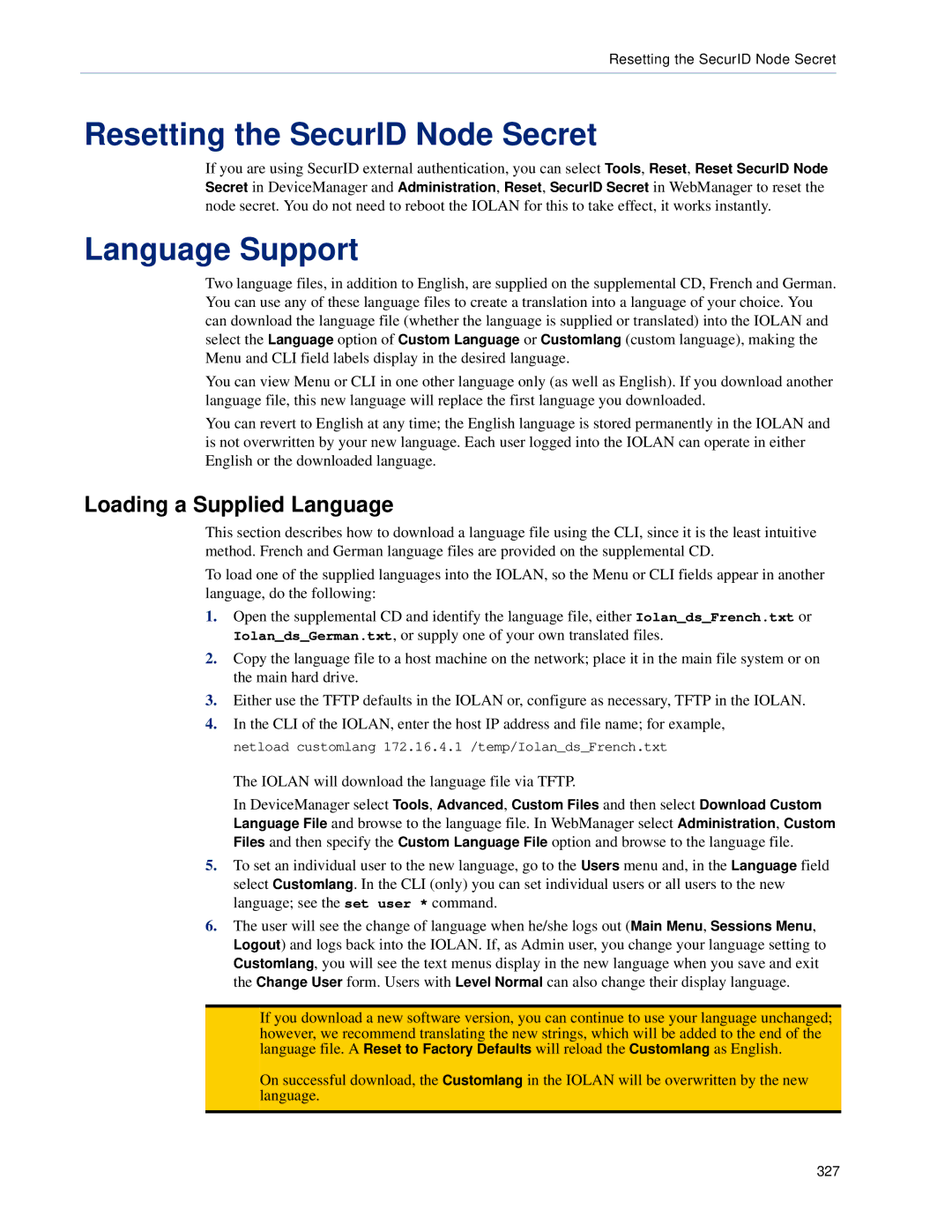 Perle Systems 5500161-40 manual Resetting the SecurID Node Secret, Language Support, Loading a Supplied Language 