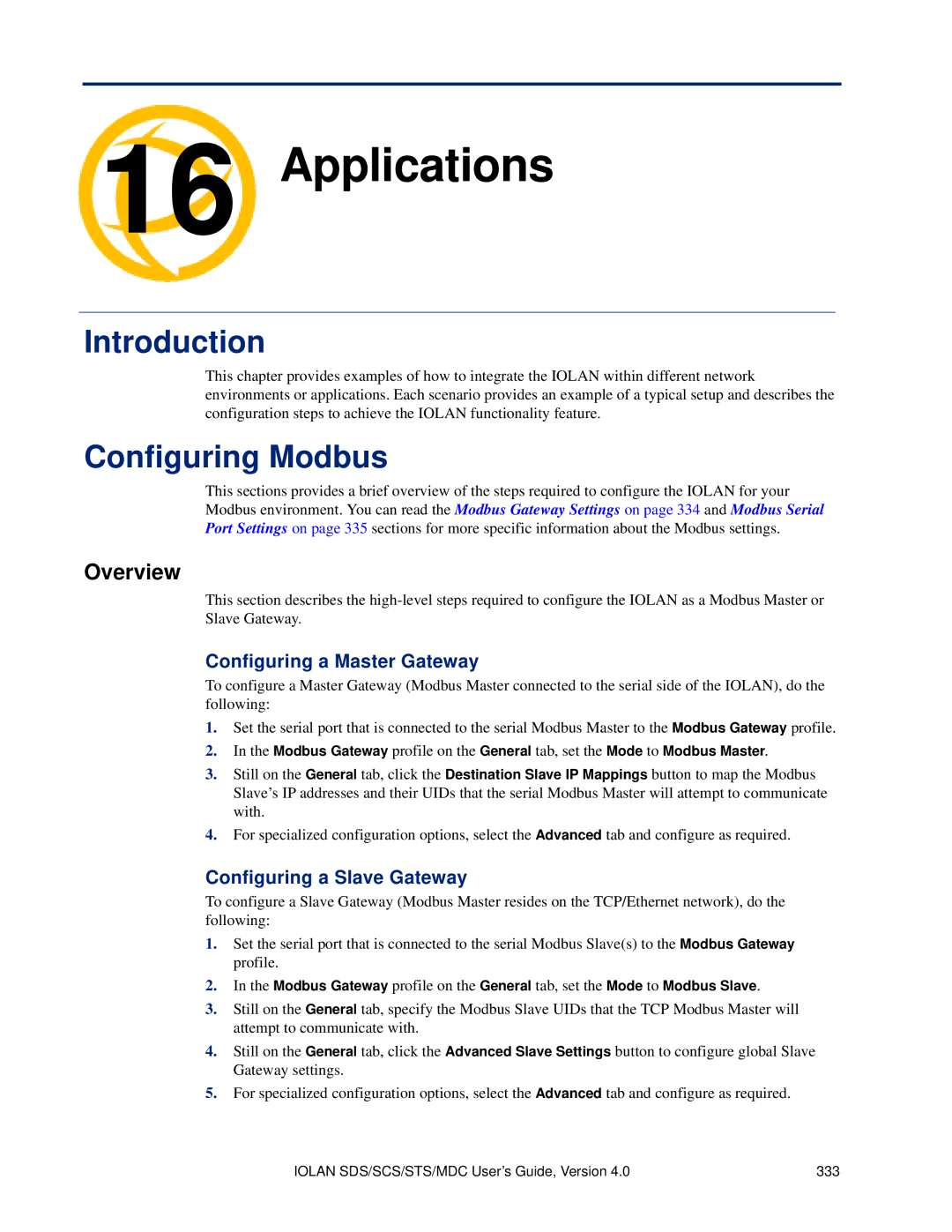 Perle Systems 5500161-40 manual Applications, Configuring Modbus, Configuring a Master Gateway, Configuring a Slave Gateway 