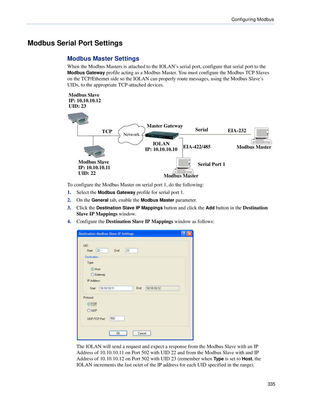 Perle Systems 5500161-40 manual Modbus Serial Port Settings, Modbus Master Settings, Modbus Slave UID 