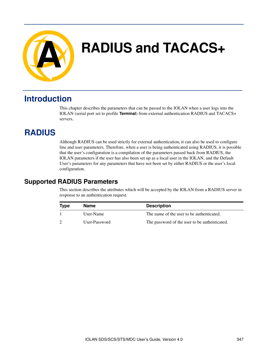 Perle Systems 5500161-40 manual Radius and TACACS+ Appendix a, Supported Radius Parameters 