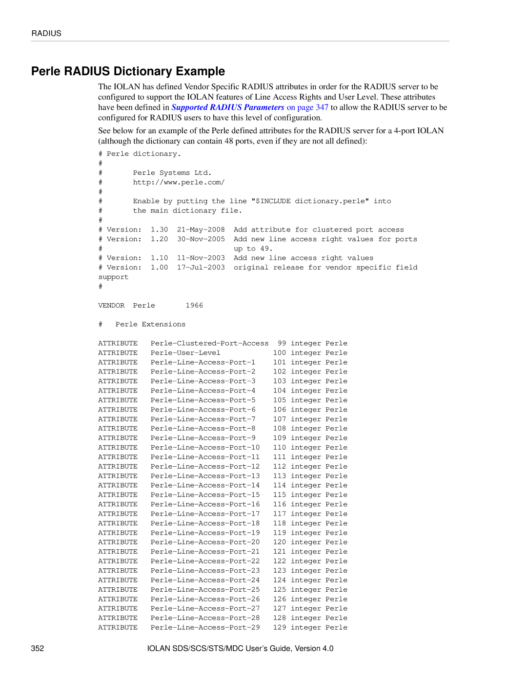 Perle Systems 5500161-40 manual Perle Radius Dictionary Example 