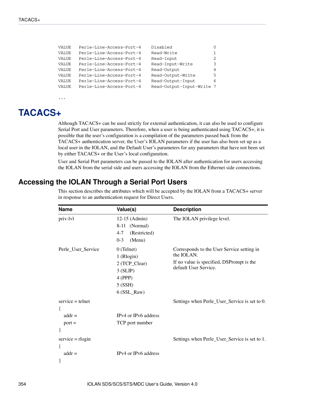 Perle Systems 5500161-40 manual Tacacs+, Accessing the Iolan Through a Serial Port Users 