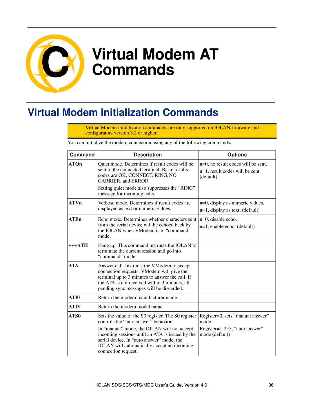 Perle Systems 5500161-40 manual Virtual Modem Initialization Commands 