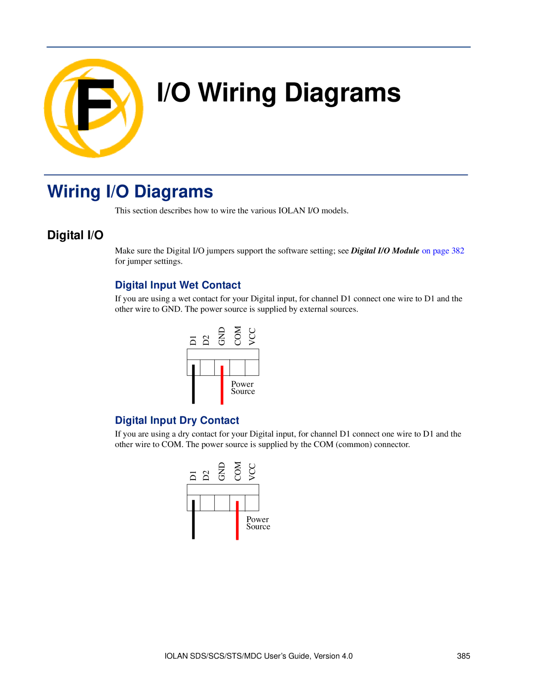 Perle Systems 5500161-40 manual Wiring I/O Diagrams, Digital I/O, Digital Input Wet Contact, Digital Input Dry Contact 