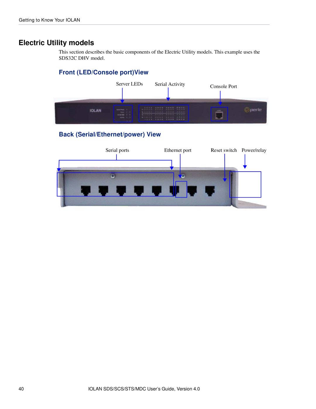 Perle Systems 5500161-40 manual Front LED/Console portView, Back Serial/Ethernet/power View 