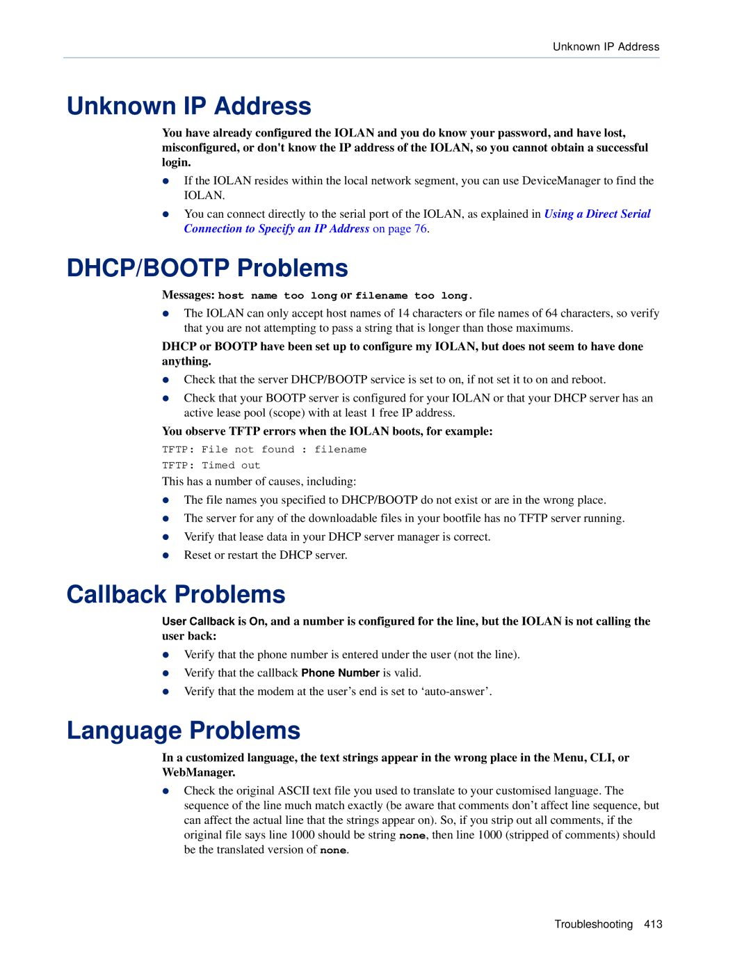 Perle Systems 5500161-40 manual Unknown IP Address, DHCP/BOOTP Problems, Callback Problems, Language Problems 