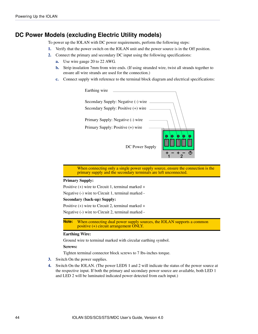 Perle Systems 5500161-40 manual DC Power Models excluding Electric Utility models, Primary Supply, Secondary back-up Supply 