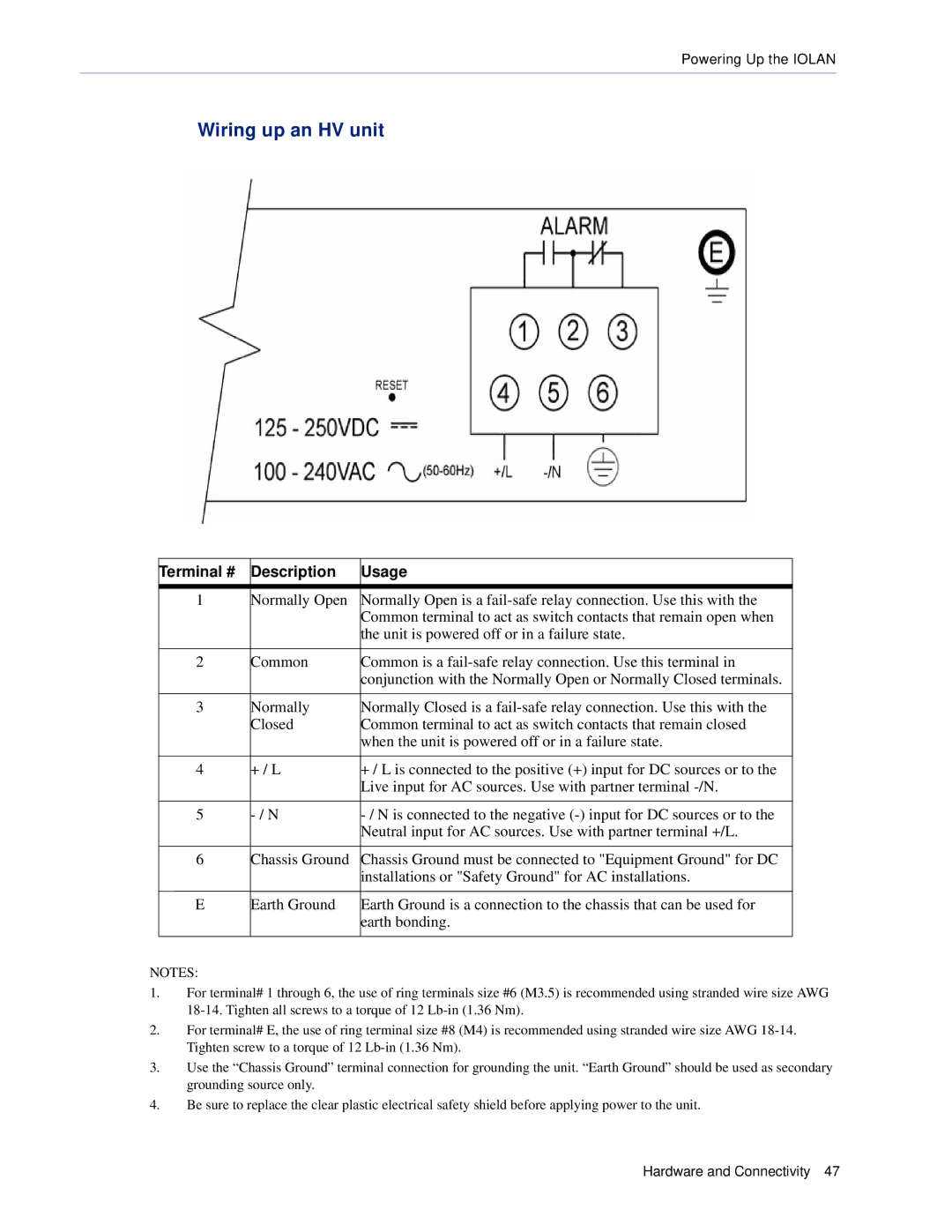 Perle Systems 5500161-40 manual Wiring up an HV unit, Terminal # Description Usage 