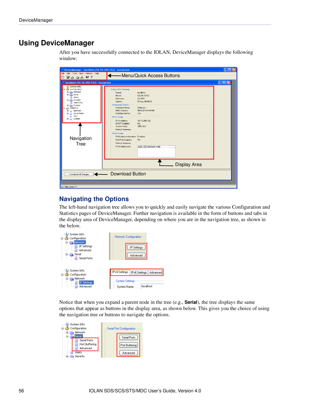 Perle Systems 5500161-40 manual Using DeviceManager, Navigating the Options 