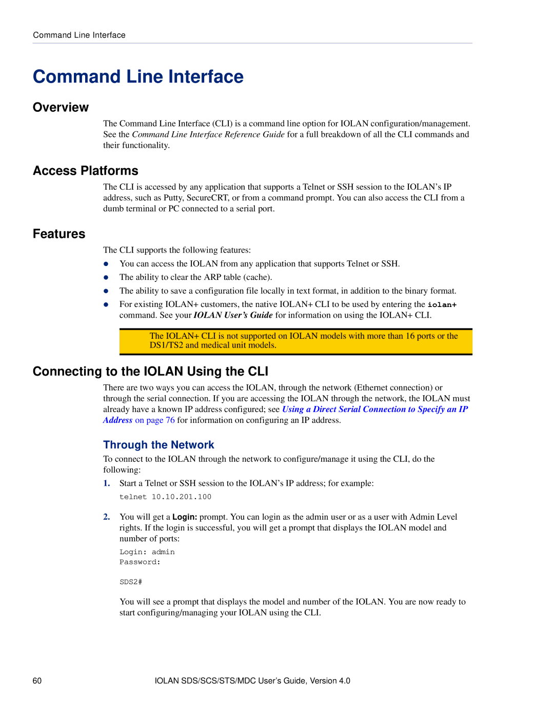 Perle Systems 5500161-40 manual Command Line Interface, Connecting to the Iolan Using the CLI, Through the Network 