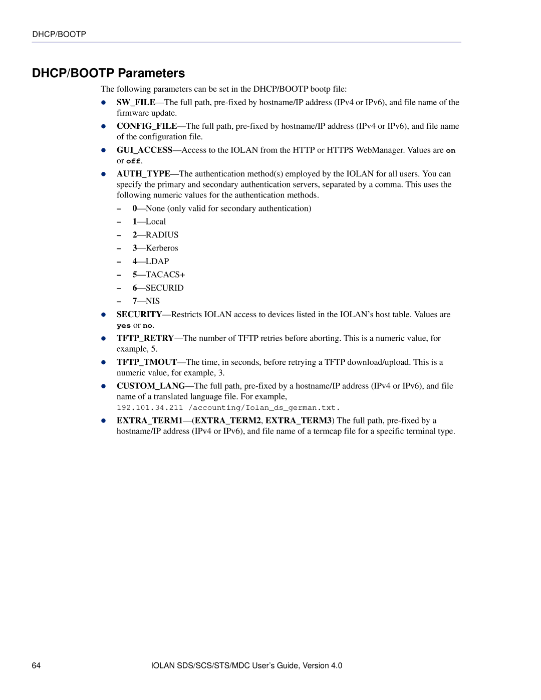 Perle Systems 5500161-40 manual DHCP/BOOTP Parameters, TACACS+ Securid 