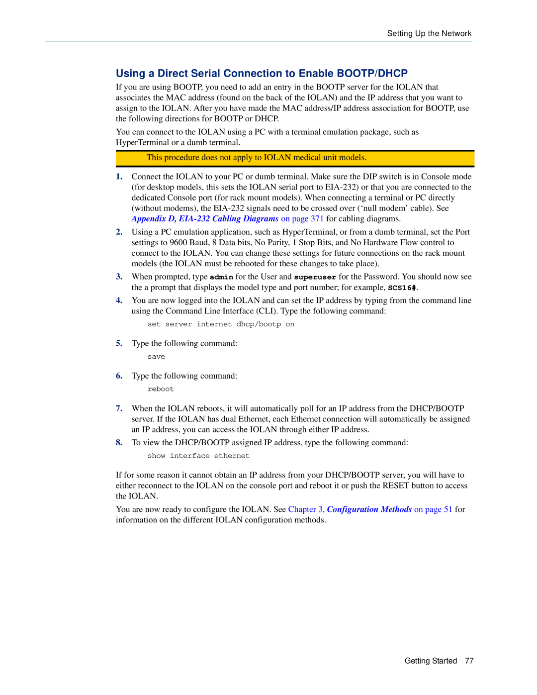 Perle Systems 5500161-40 manual Using a Direct Serial Connection to Enable BOOTP/DHCP 