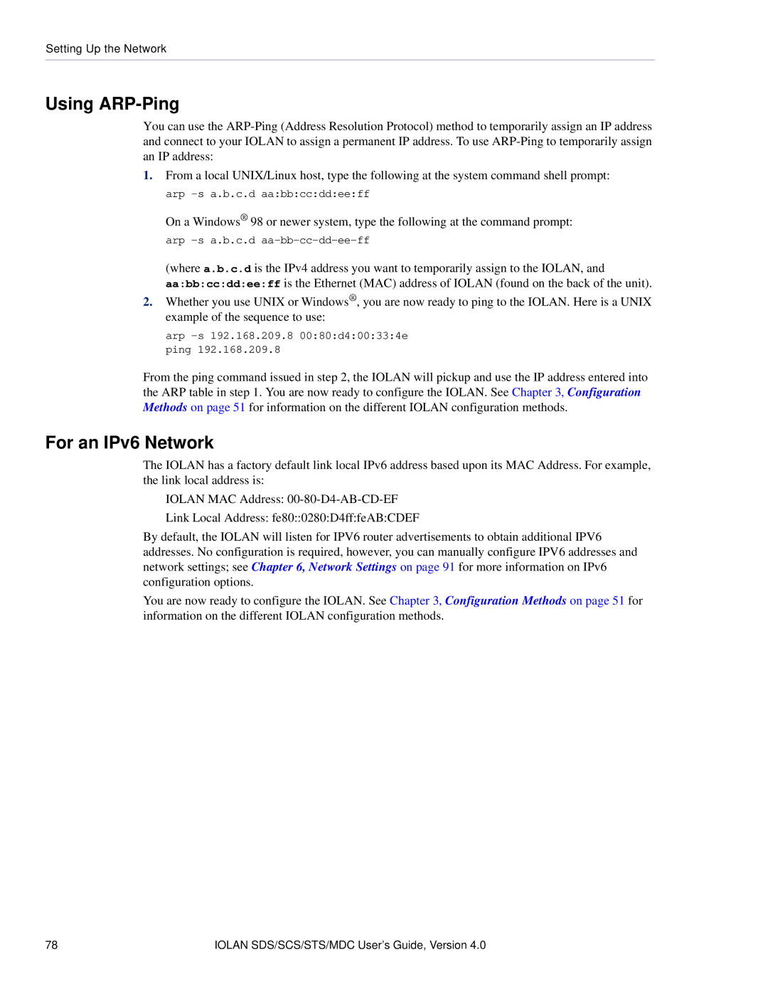 Perle Systems 5500161-40 manual Using ARP-Ping, For an IPv6 Network 