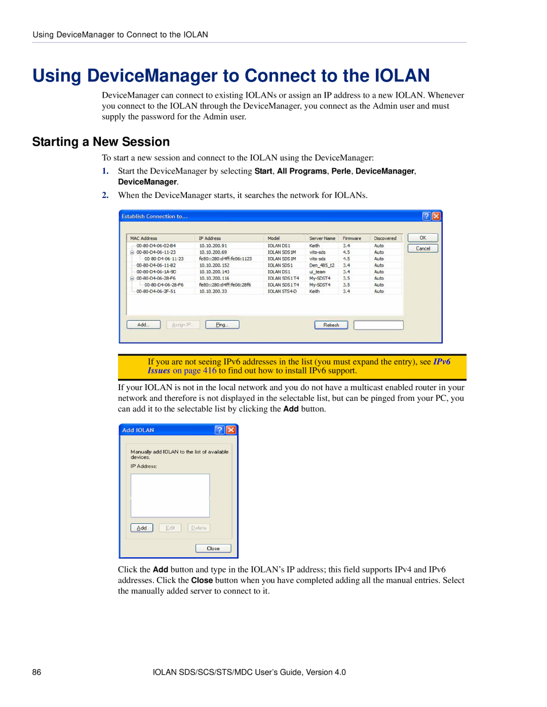 Perle Systems 5500161-40 manual Using DeviceManager to Connect to the Iolan, Starting a New Session 