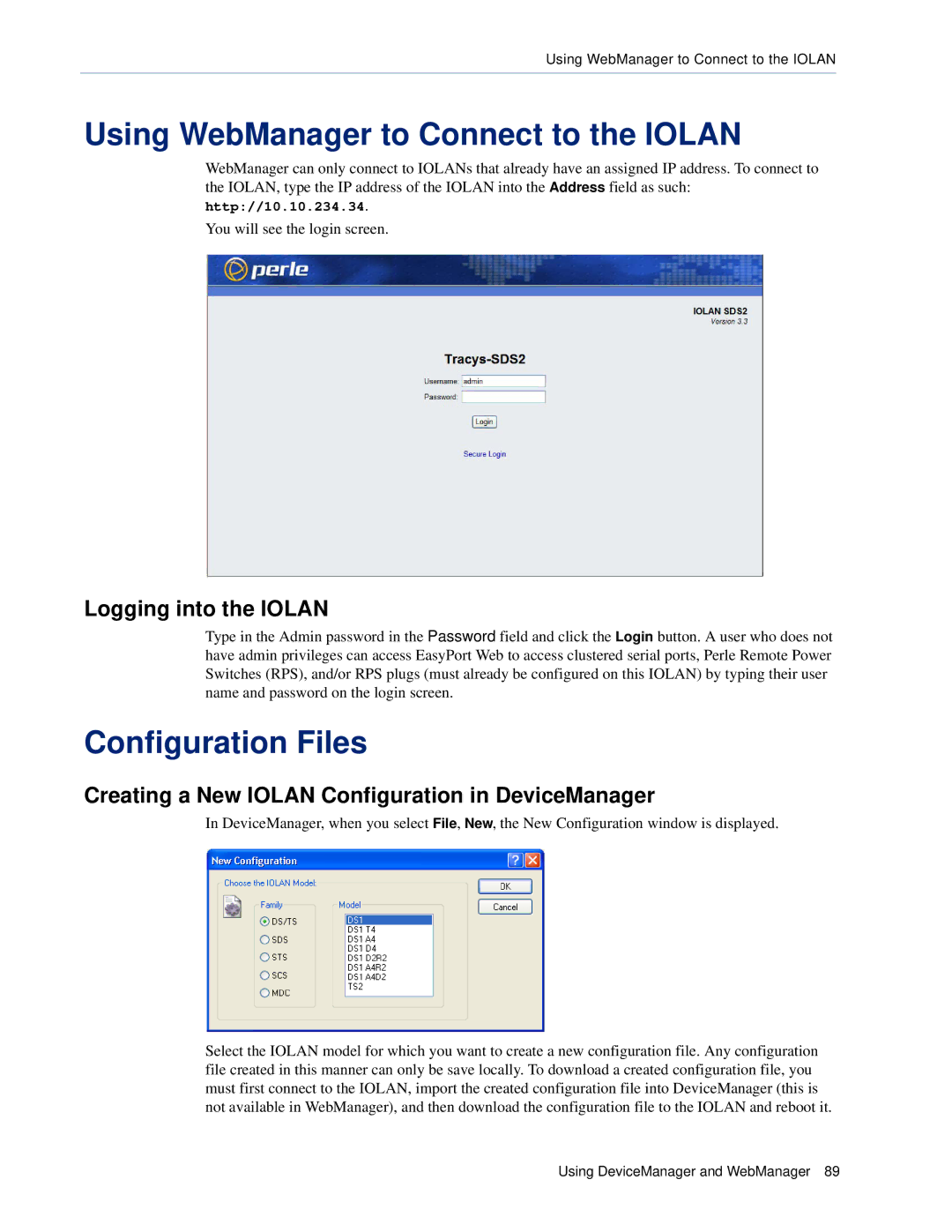 Perle Systems 5500161-40 manual Using WebManager to Connect to the Iolan, Configuration Files, Logging into the Iolan 