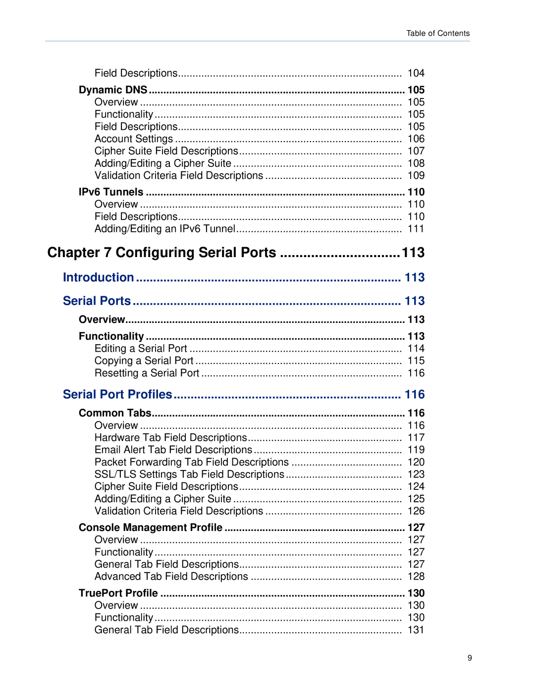 Perle Systems 5500161-40 manual Introduction 113 Serial Ports, Serial Port Profiles 116 