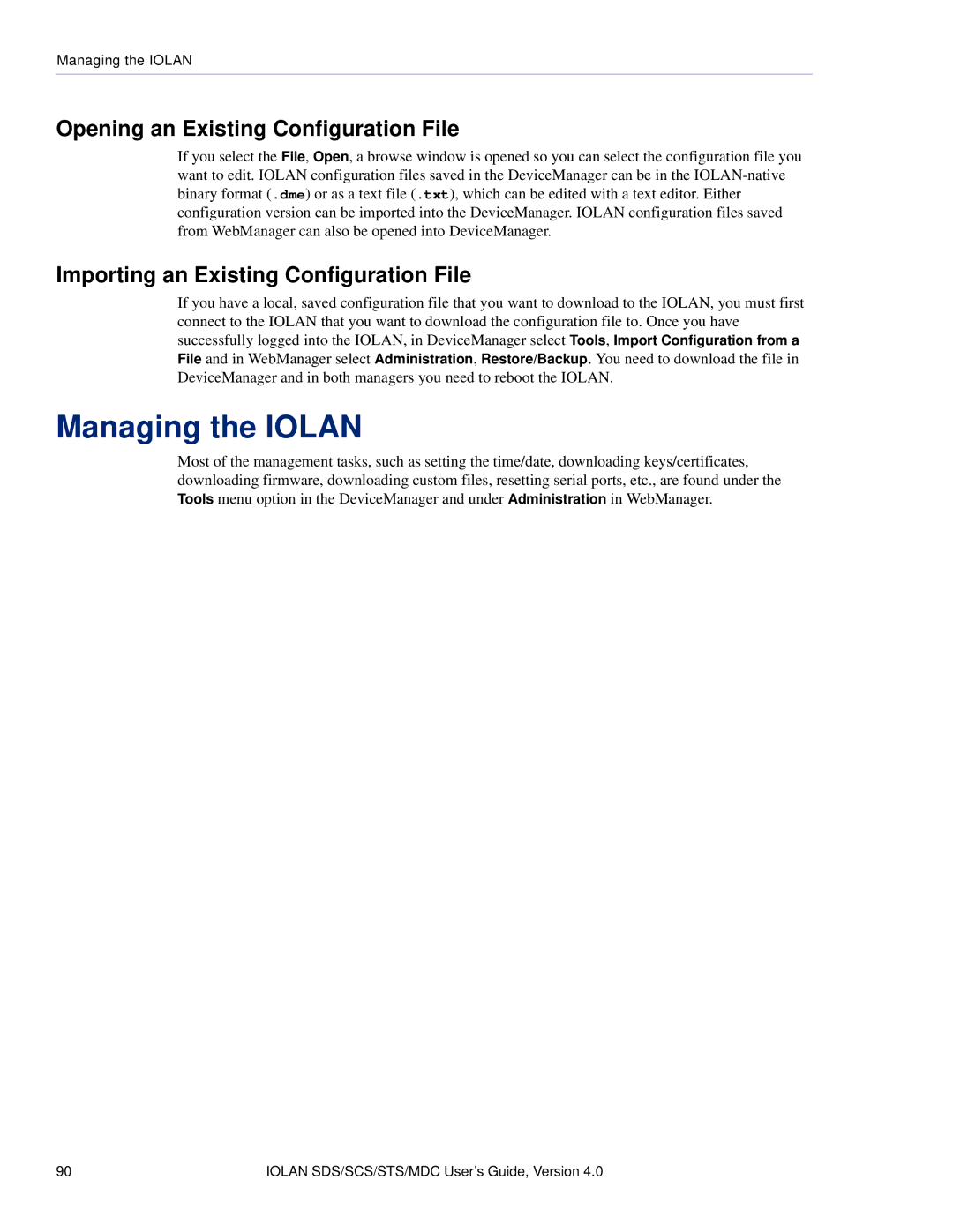 Perle Systems 5500161-40 manual Managing the Iolan, Opening an Existing Configuration File 