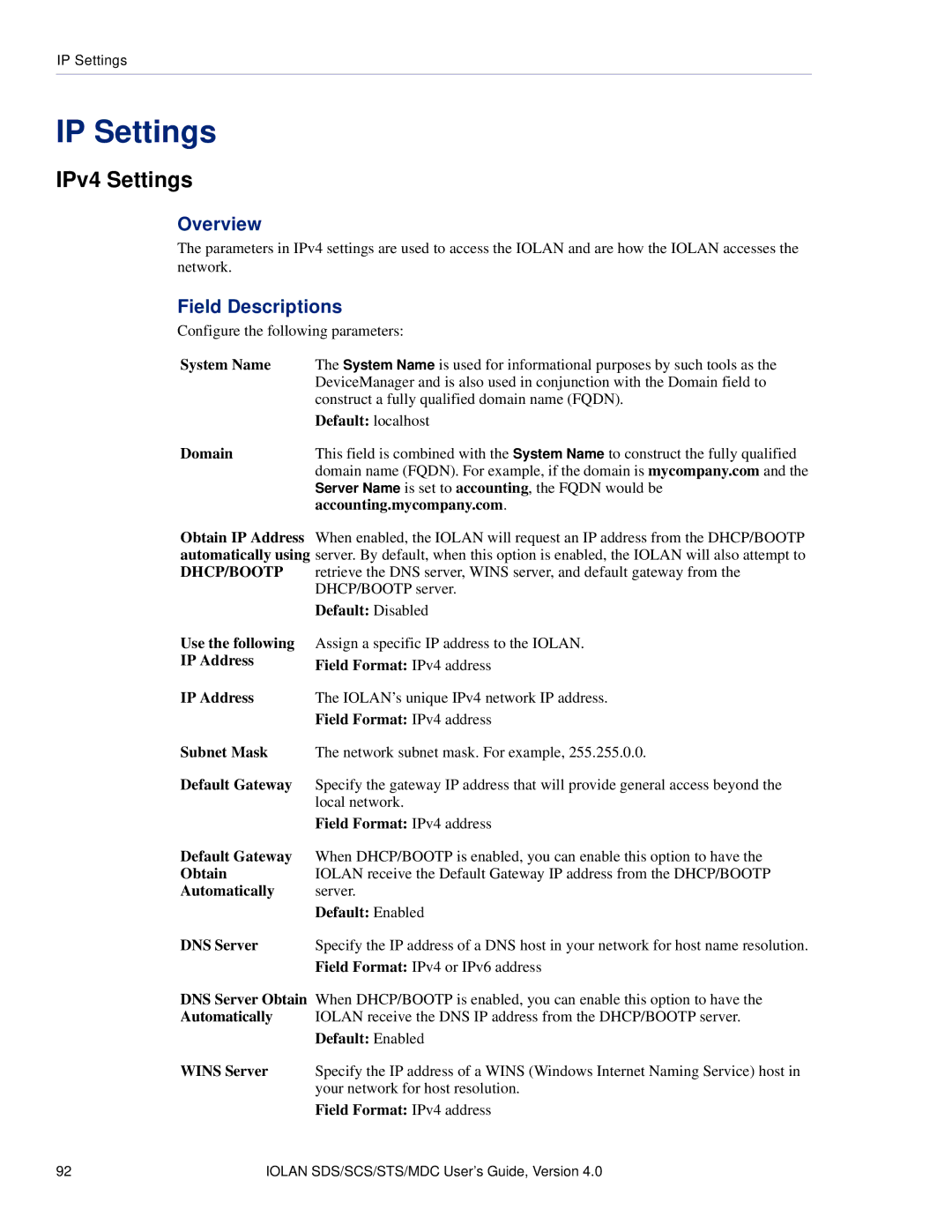 Perle Systems 5500161-40 manual IP Settings, IPv4 Settings, Overview, Field Descriptions 