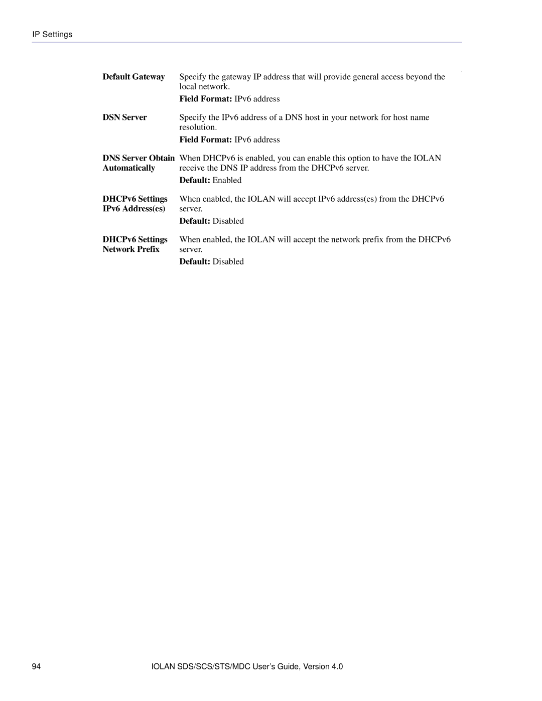 Perle Systems 5500161-40 manual Field Format IPv6 address DSN Server 