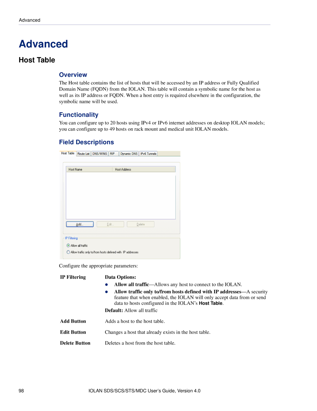 Perle Systems 5500161-40 manual Advanced, Host Table, Functionality, IP Filtering Data Options 