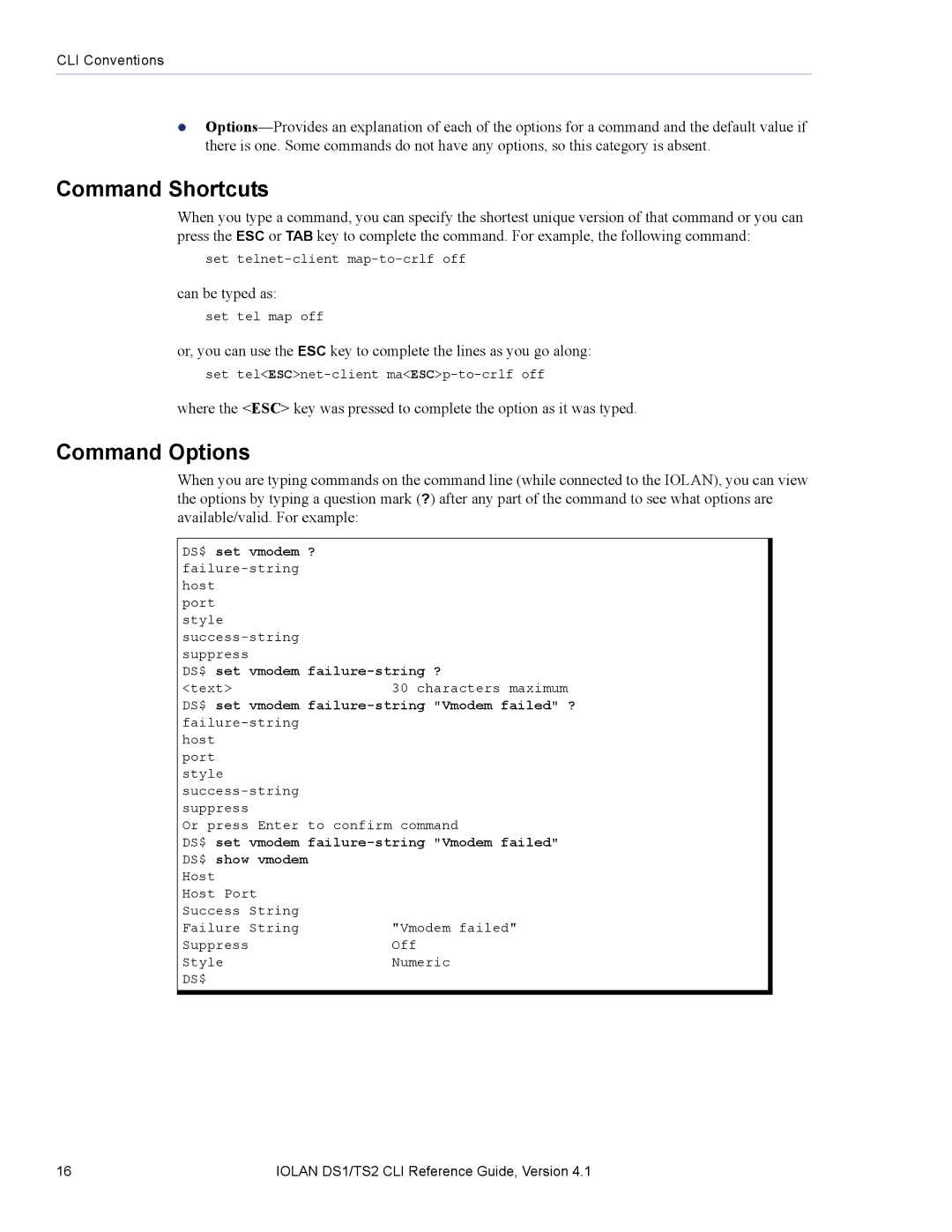 Perle Systems 5500208-41 manual Command Shortcuts, Command Options 